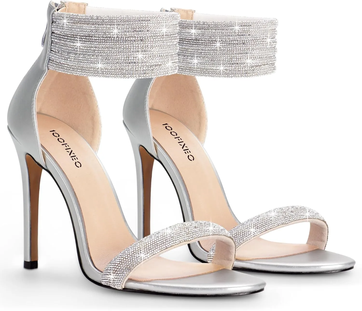 100FIXEO Sexy High Heeled Rhinestone Sandals Elegant Open Toe ankle strap Stiletto Heel Wedding Dress Shoes
