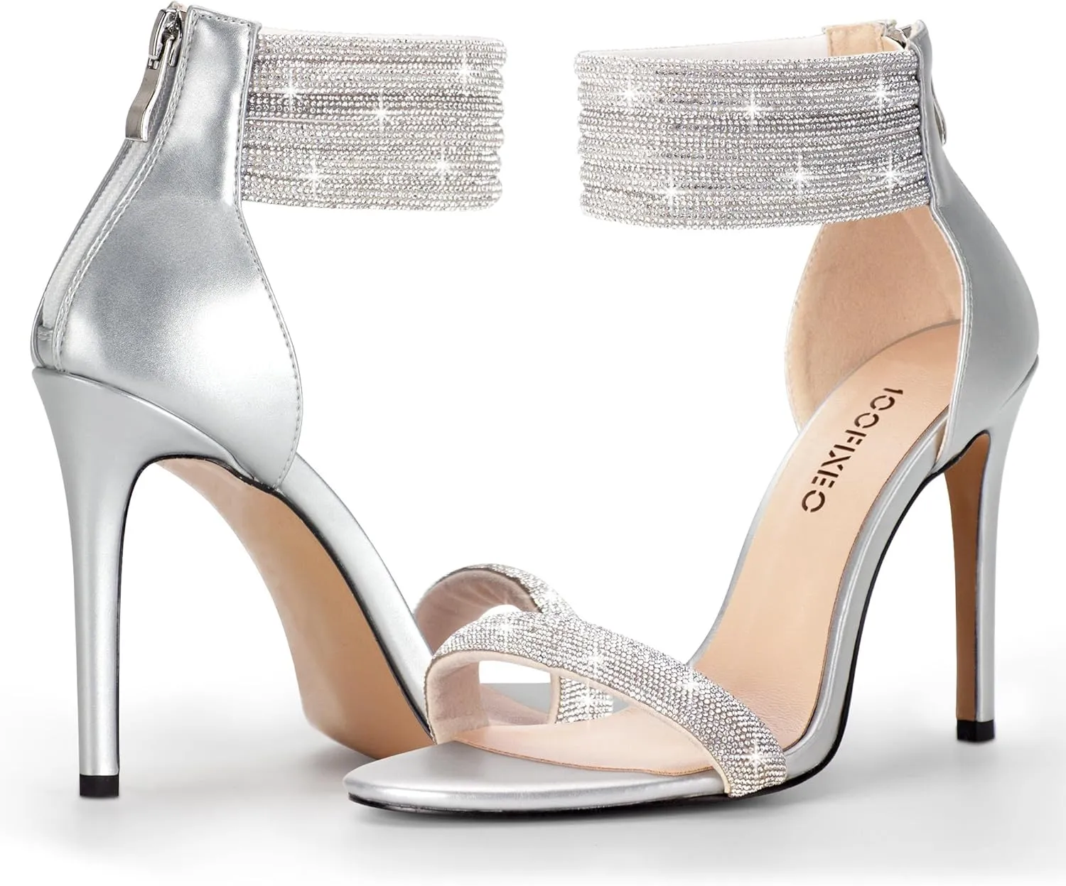 100FIXEO Sexy High Heeled Rhinestone Sandals Elegant Open Toe ankle strap Stiletto Heel Wedding Dress Shoes