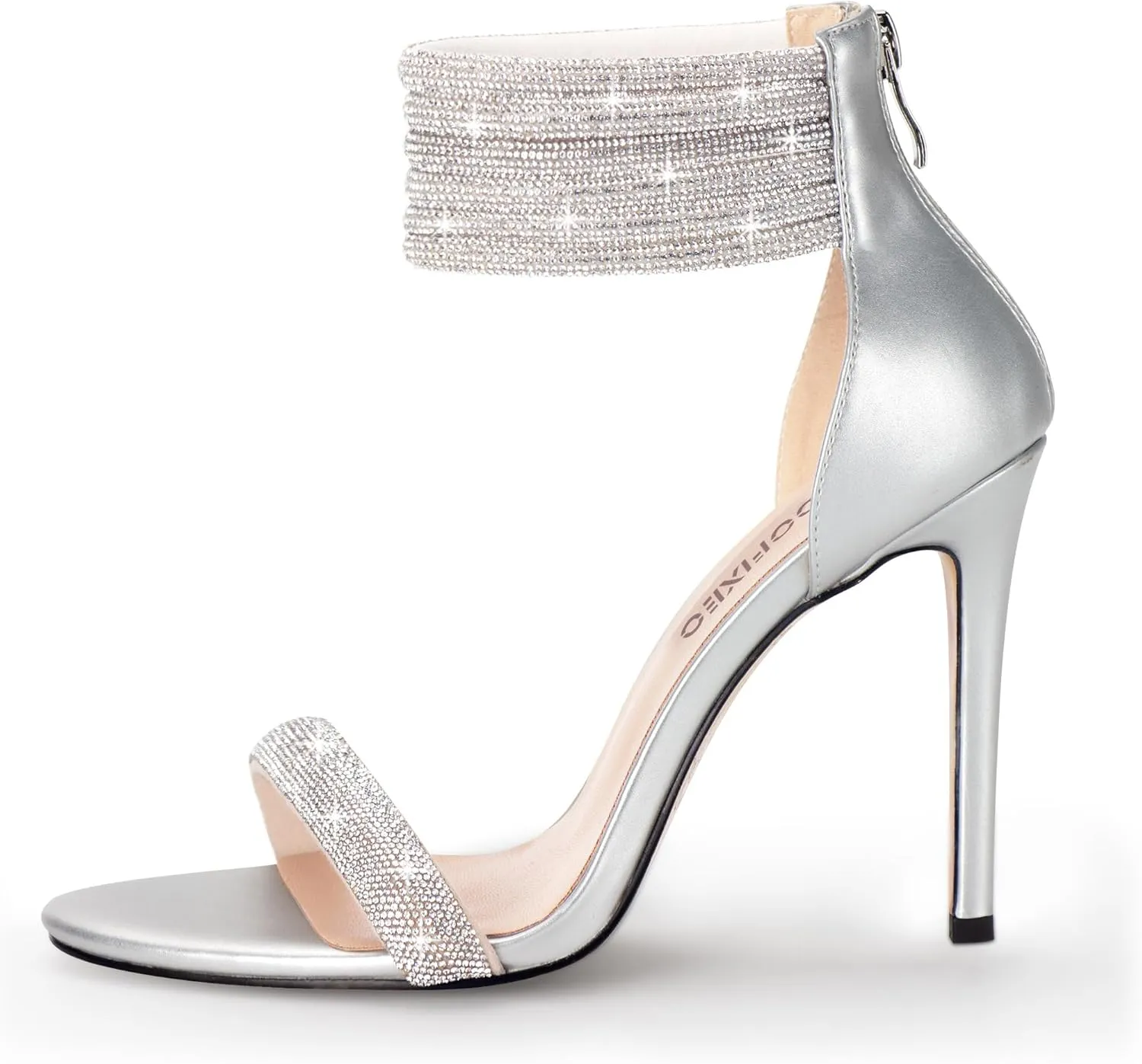100FIXEO Sexy High Heeled Rhinestone Sandals Elegant Open Toe ankle strap Stiletto Heel Wedding Dress Shoes