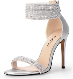 100FIXEO Sexy High Heeled Rhinestone Sandals Elegant Open Toe ankle strap Stiletto Heel Wedding Dress Shoes