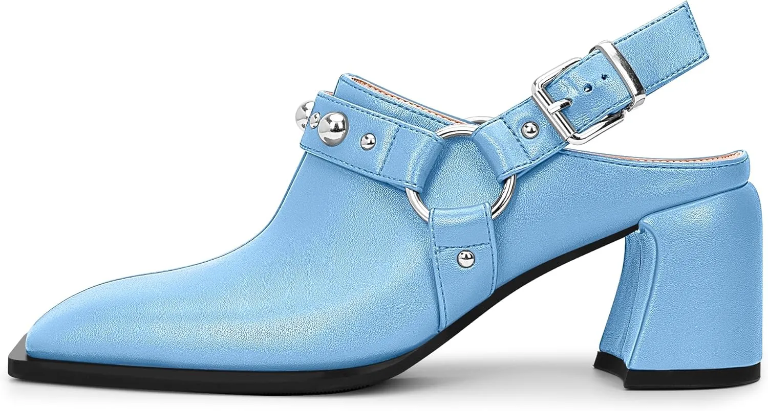 100FIXEO Women's Block Heel Slingback Pumps Studded Strap Buckle Square Toe Comfortable Shoes