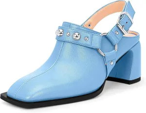 100FIXEO Women's Block Heel Slingback Pumps Studded Strap Buckle Square Toe Comfortable Shoes