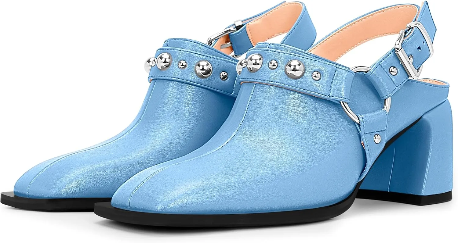 100FIXEO Women's Block Heel Slingback Pumps Studded Strap Buckle Square Toe Comfortable Shoes