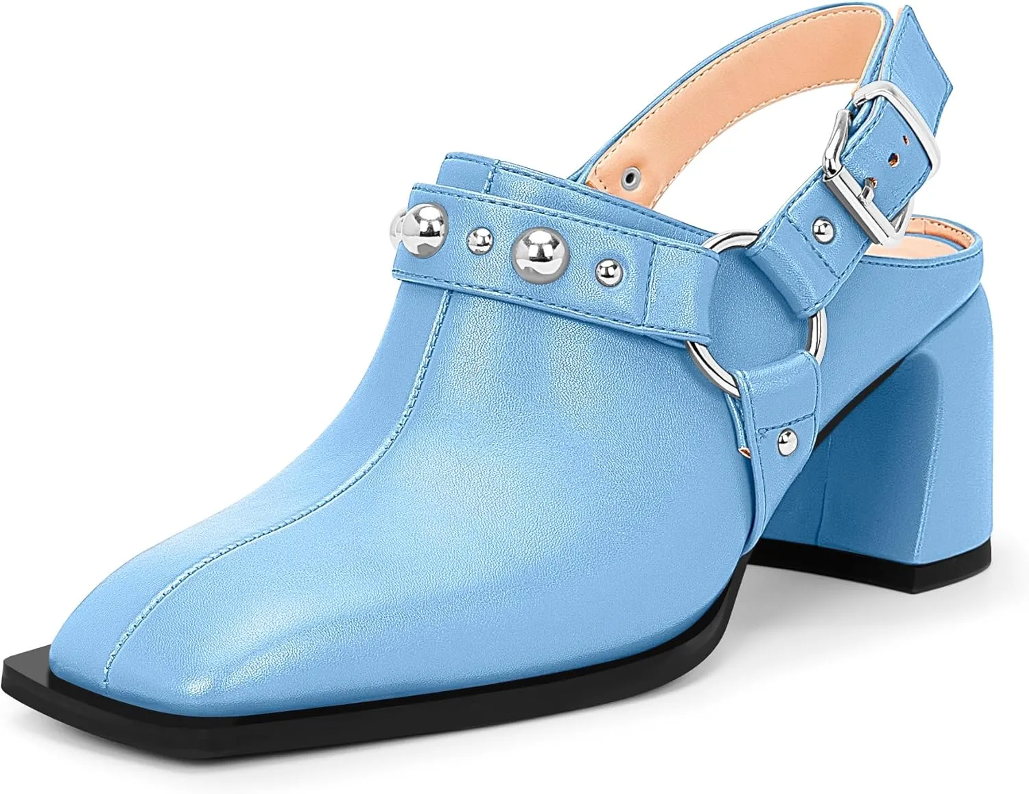 100FIXEO Women's Block Heel Slingback Pumps Studded Strap Buckle Square Toe Comfortable Shoes