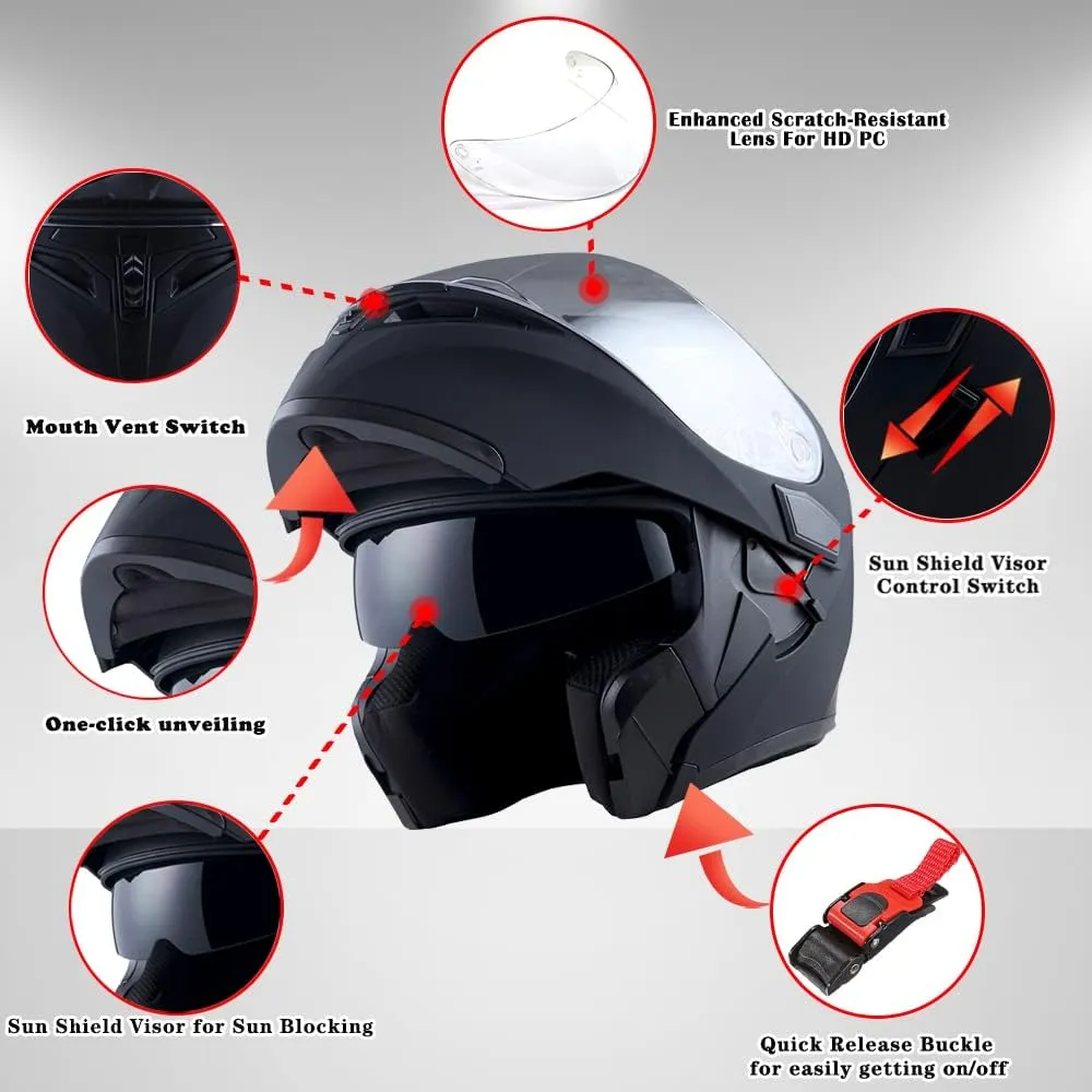 1Storm Motorcycle Modular Full Face Helmet Flip up Dual Visor Sun Shield: HB89 Glossy Black