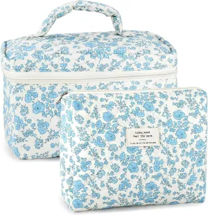 2Pcs Cotton Quilted Makeup Bag for Women Extra Large Small Travel Cosmetic Bag Set Cute Blue Floral Print Makeup Pouch Portable Toiletry Bag Organizer Coquette Vintage Puffy Travel Essential