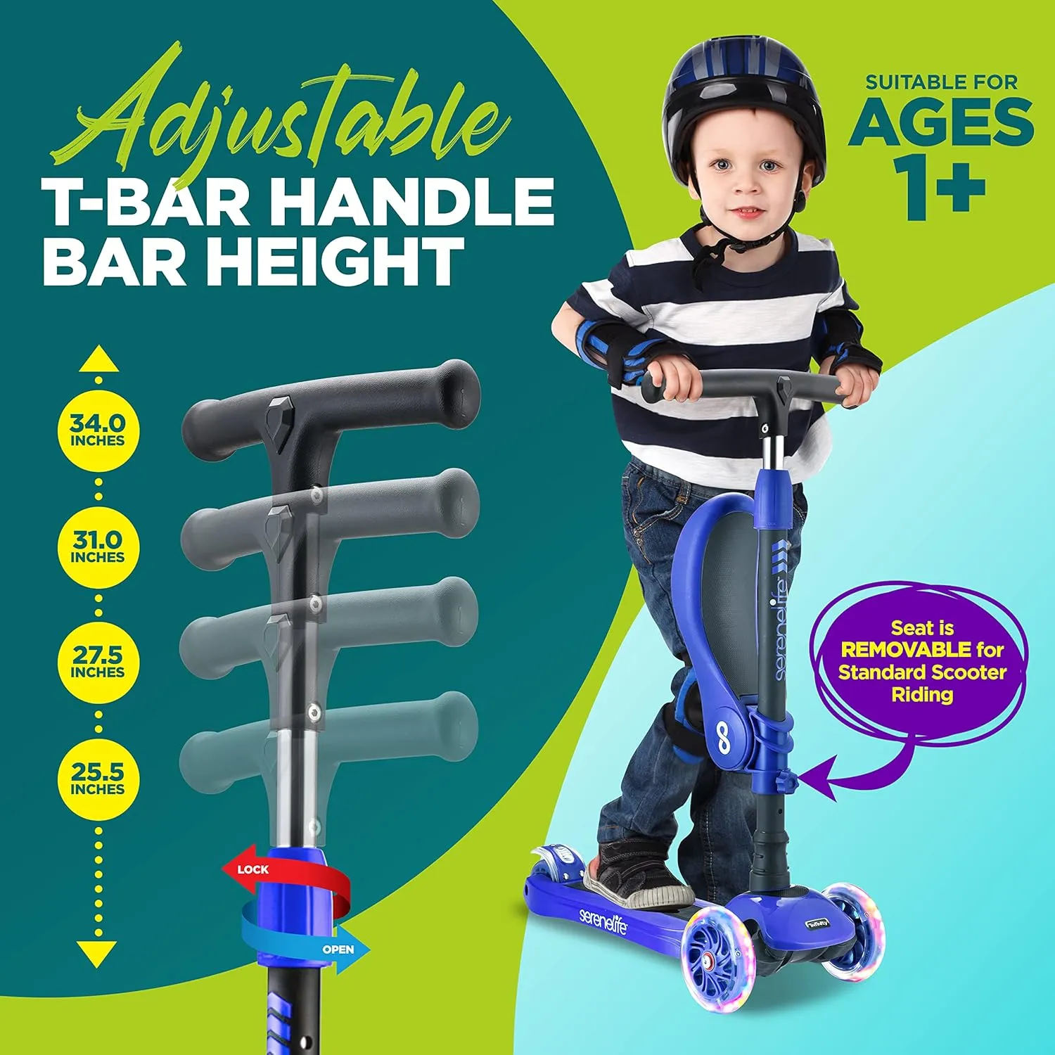 3 Wheeled Scooter for Kids - 2-in-1 Sit/Stand Child Toddlers Toy Kick Scooters w/Flip-Out Seat, Adjustable Height, Wide Deck, Flashing Wheel Lights, Great for Outdoor Fun