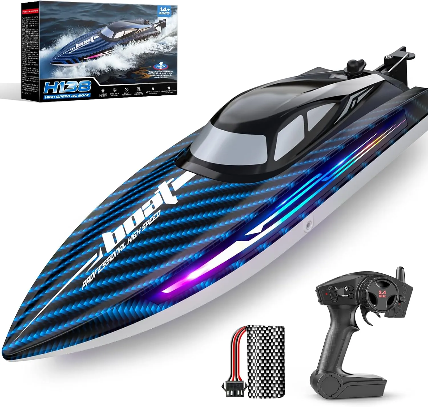 30KMH RC Remote Control Boat with 7 LED Light Modes Waterproof Electric Fast Speed Boat for Adults Kids 8-12 Lake Pool Water Play,Self-righting,Demo,Water Cooling,20Mins,Low Battery Alert,2.4Ghz,Blue