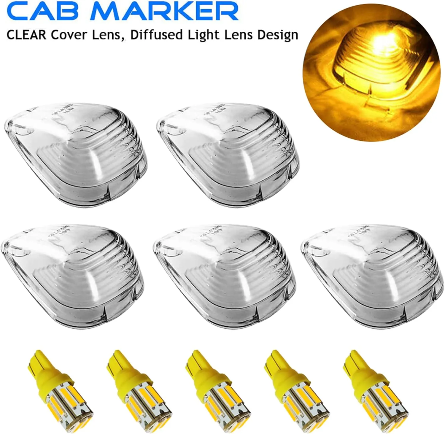 5X Clear Cab Roof Marker Running Light   5X Amber Yellow 5050-SMD 194 168 T10 LED Bulb Compatible with Ford E150 E250 E350 E450 F150 F250 F350 F450 F550 Super Duty Pickup Trucks 1999-2016