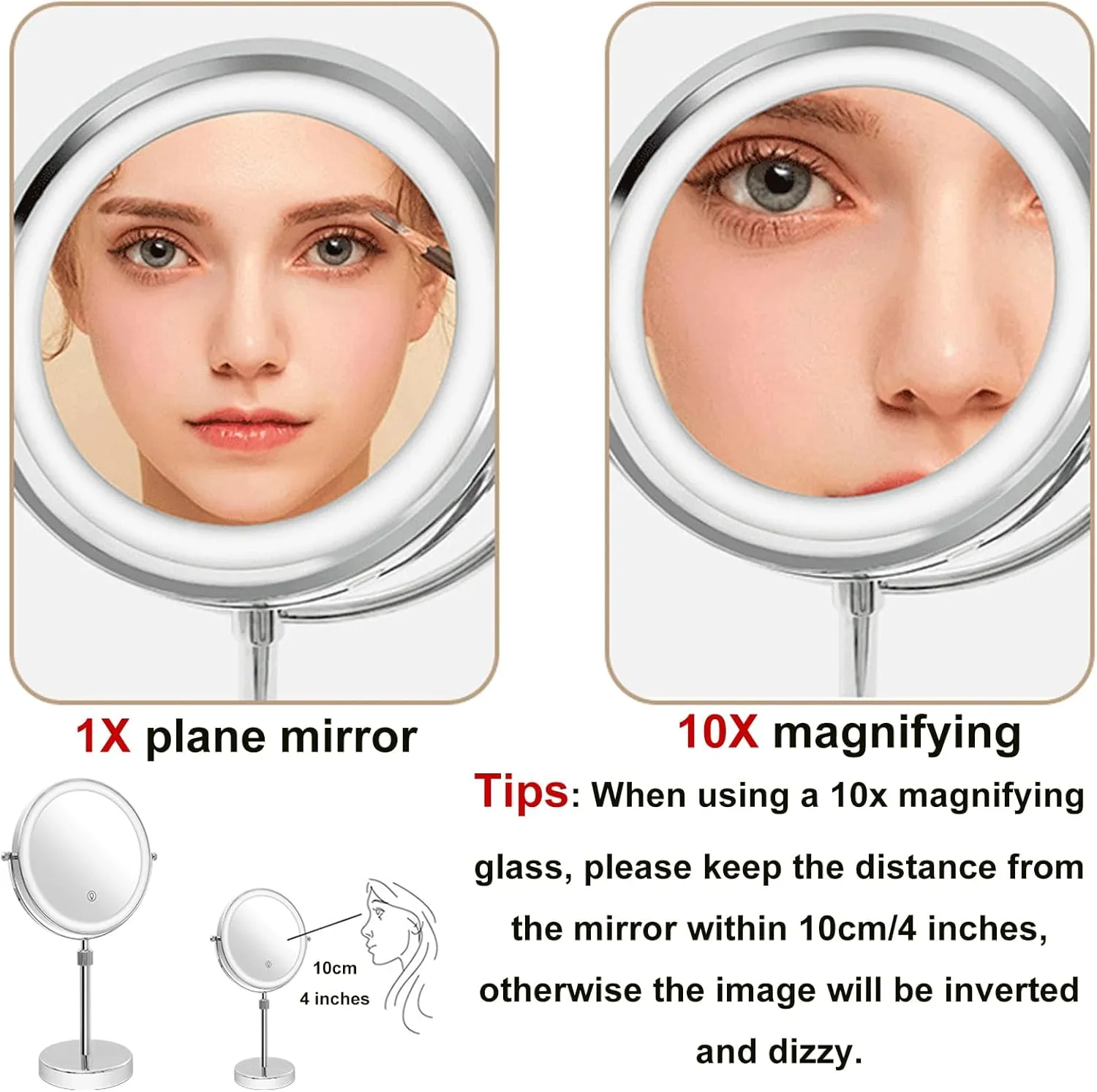 8" Tabletop Standing 2 Side Lighted 1X/10X Magnification Makeup Mirror, USB Rechargeable Screen Touch 3-Color Dimming LED Cosmetic Mirror, Chrome Countertop Rotation HD Shaving Mirror,c