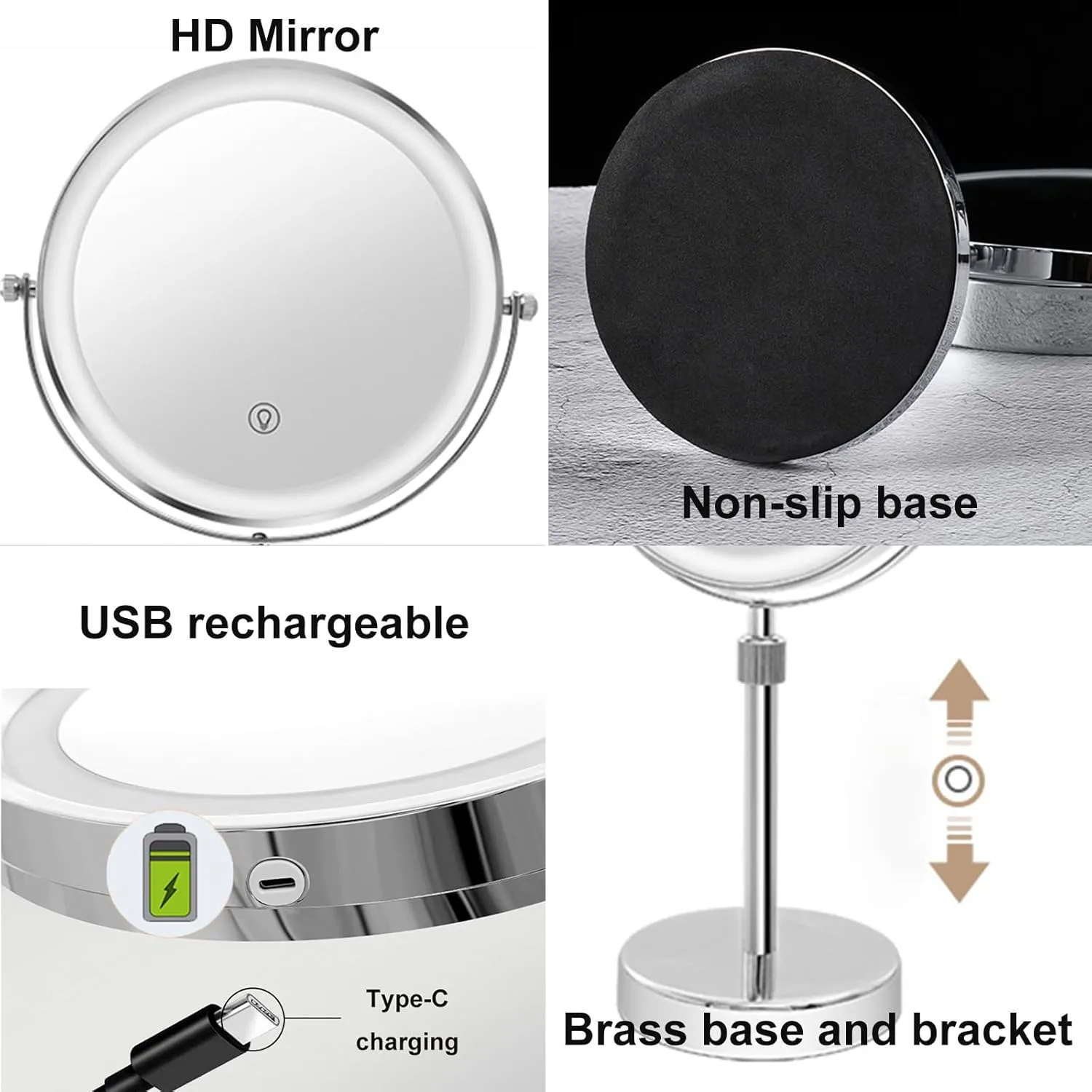 8" Tabletop Standing 2 Side Lighted 1X/10X Magnification Makeup Mirror, USB Rechargeable Screen Touch 3-Color Dimming LED Cosmetic Mirror, Chrome Countertop Rotation HD Shaving Mirror,c