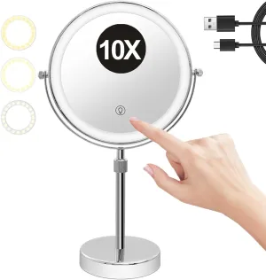 8" Tabletop Standing 2 Side Lighted 1X/10X Magnification Makeup Mirror, USB Rechargeable Screen Touch 3-Color Dimming LED Cosmetic Mirror, Chrome Countertop Rotation HD Shaving Mirror,c