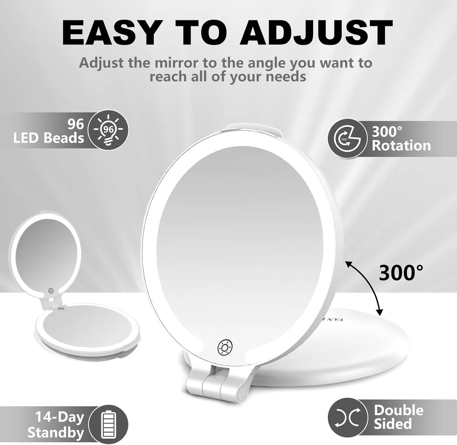 96 LEDs' Folding Rechargeable and 10x Magnification Makeup Mirror with Lights,6.3 Inch Double Sided Portable Travel Mirror with Case for Myopia and Makeup Fanatics Travel Essentials
