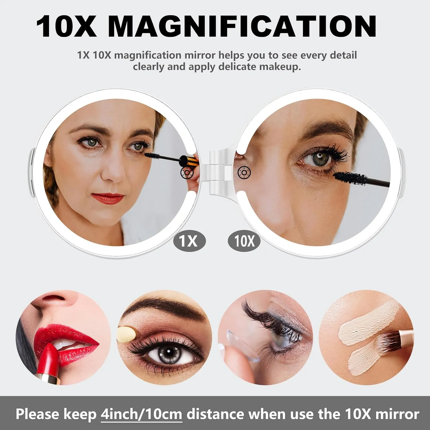 96 LEDs' Folding Rechargeable and 10x Magnification Makeup Mirror with Lights,6.3 Inch Double Sided Portable Travel Mirror with Case for Myopia and Makeup Fanatics Travel Essentials
