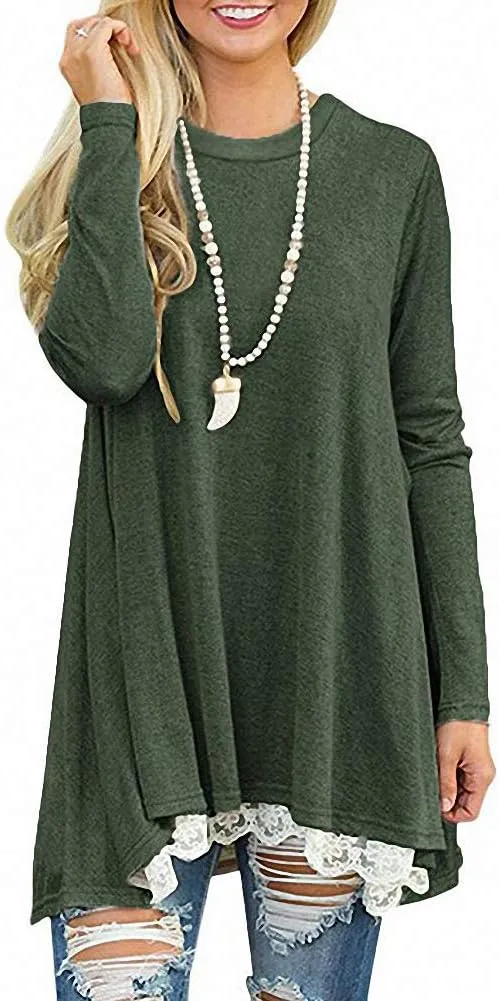 Afibi Women Lace Long Sleeve A-line Swing T-Shirt Loose Tunic Top Blouse