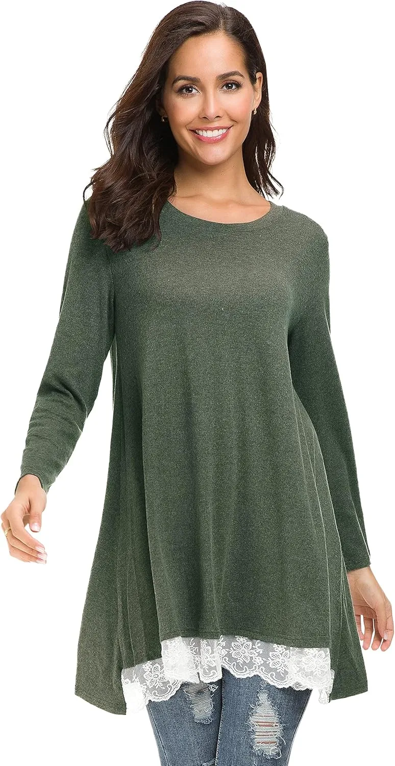 Afibi Women Lace Long Sleeve A-line Swing T-Shirt Loose Tunic Top Blouse