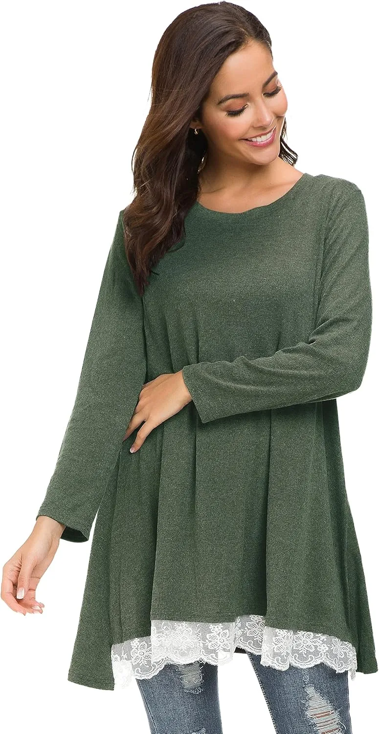Afibi Women Lace Long Sleeve A-line Swing T-Shirt Loose Tunic Top Blouse