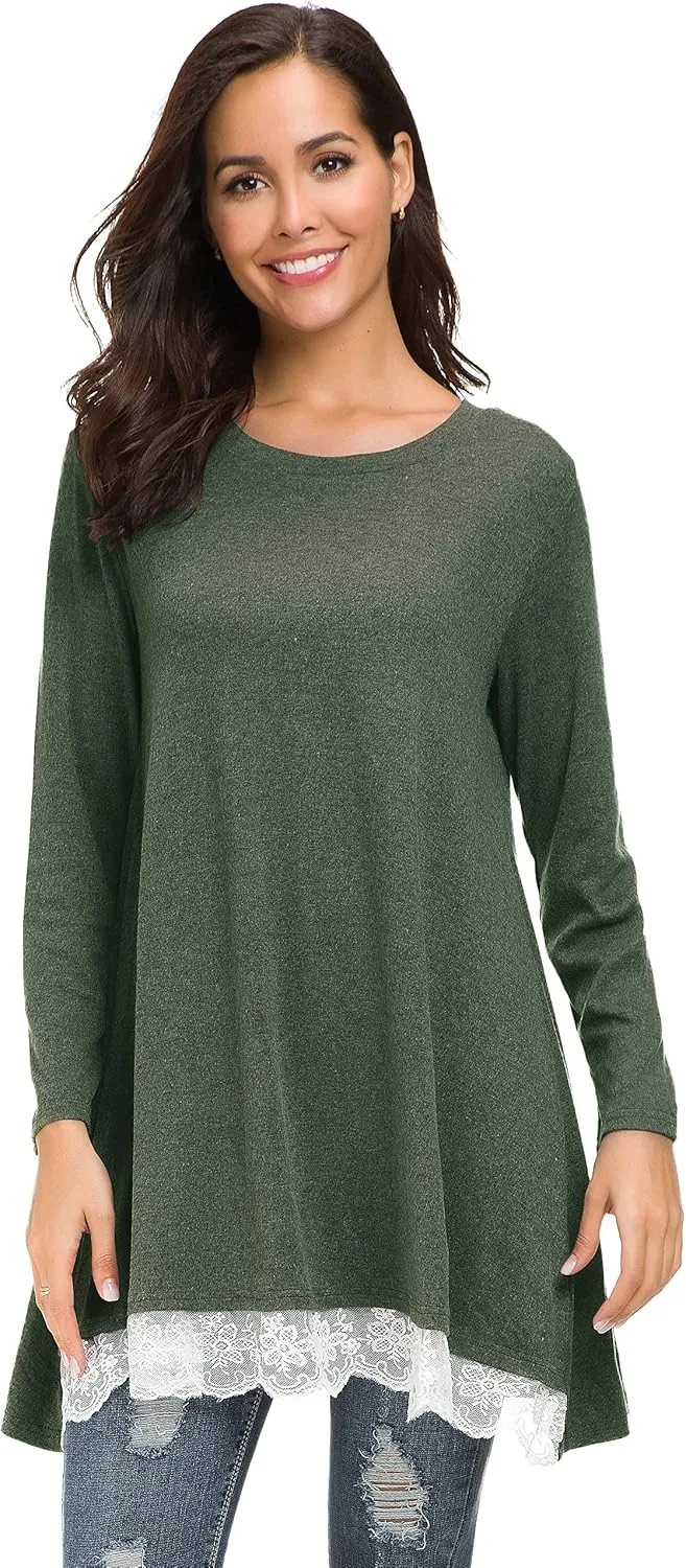 Afibi Women Lace Long Sleeve A-line Swing T-Shirt Loose Tunic Top Blouse