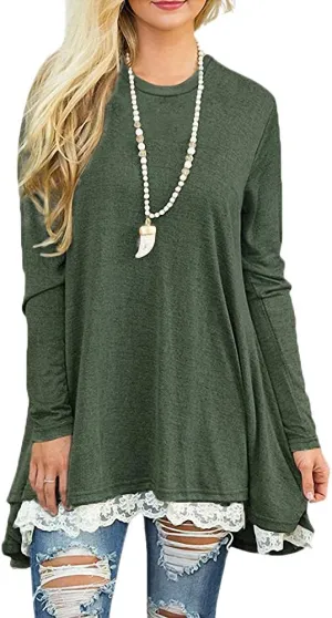 Afibi Women Lace Long Sleeve A-line Swing T-Shirt Loose Tunic Top Blouse