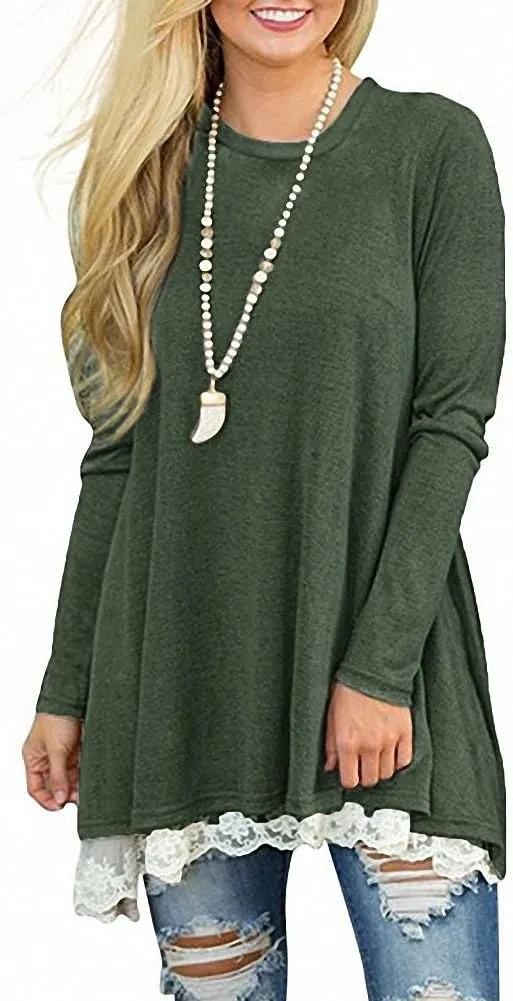 Afibi Women Lace Long Sleeve A-line Swing T-Shirt Loose Tunic Top Blouse