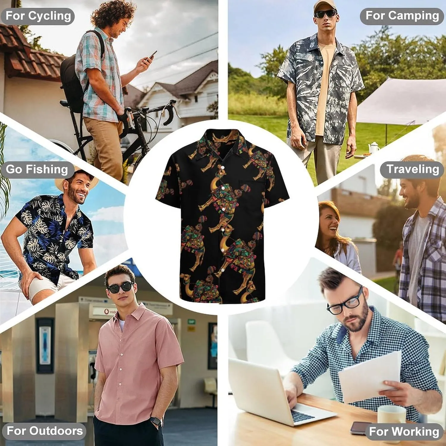 African Girl Sitting On Ca-mel Men's Short Sleeve Shirts Casual Button Down Shirt Dress Tee Tops for Beach Work