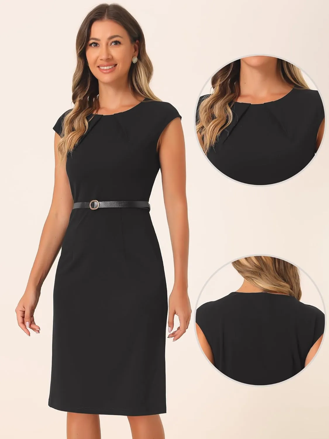 Allegra K Elegant Business Dress for Women's Cap Sleeve Belted Work Sheath Dresses