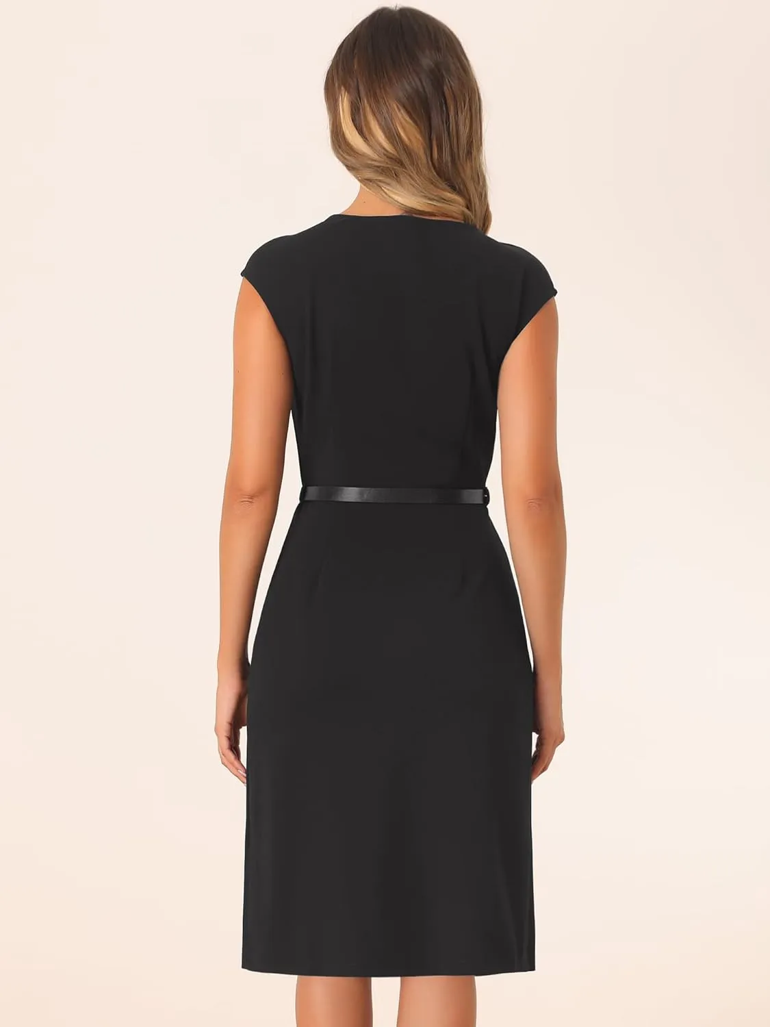 Allegra K Elegant Business Dress for Women's Cap Sleeve Belted Work Sheath Dresses