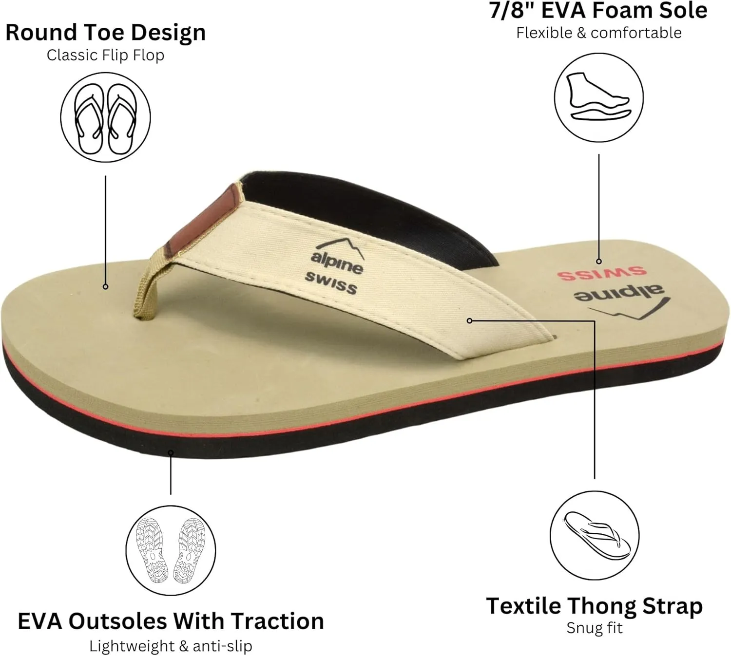 Alpine Swiss Mens Flip Flops | Lightweight Thong Sandals | Beach Sandals with EVA Sole for Comfort | Stylish Durable Flip Flops for Men Perfect for Casual Wear, Pool, and Outdoor Activities
