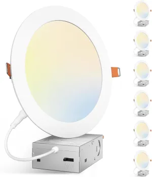 Amico 6 Pack 7 Inch 5CCT Ultra-Thin LED Canless Recessed Ceiling Light with Junction Box, 2700K/3000K/3500K/4000K/5000K Selectable, 15W=100W, 1300LM High Brightness, Dimmable Wafer Downlight-ETL&FCC