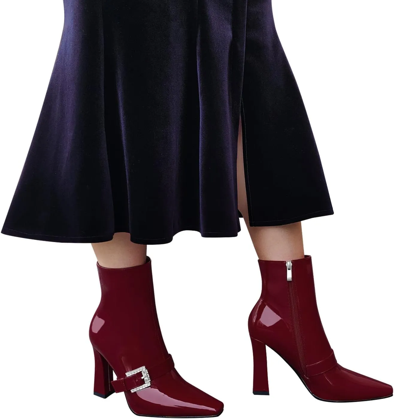 Ankle Boots Chunky High Heel Black Booties Closed Square Toe Short Boot with Side Zipper 4 Inches Heel Crocodile Pattern for Women Ladies Sexy