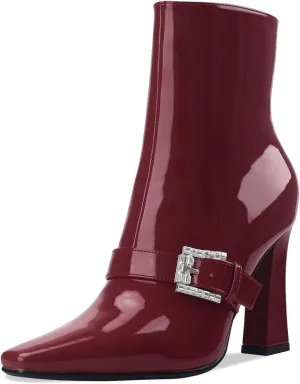 Ankle Boots Chunky High Heel Black Booties Closed Square Toe Short Boot with Side Zipper 4 Inches Heel Crocodile Pattern for Women Ladies Sexy