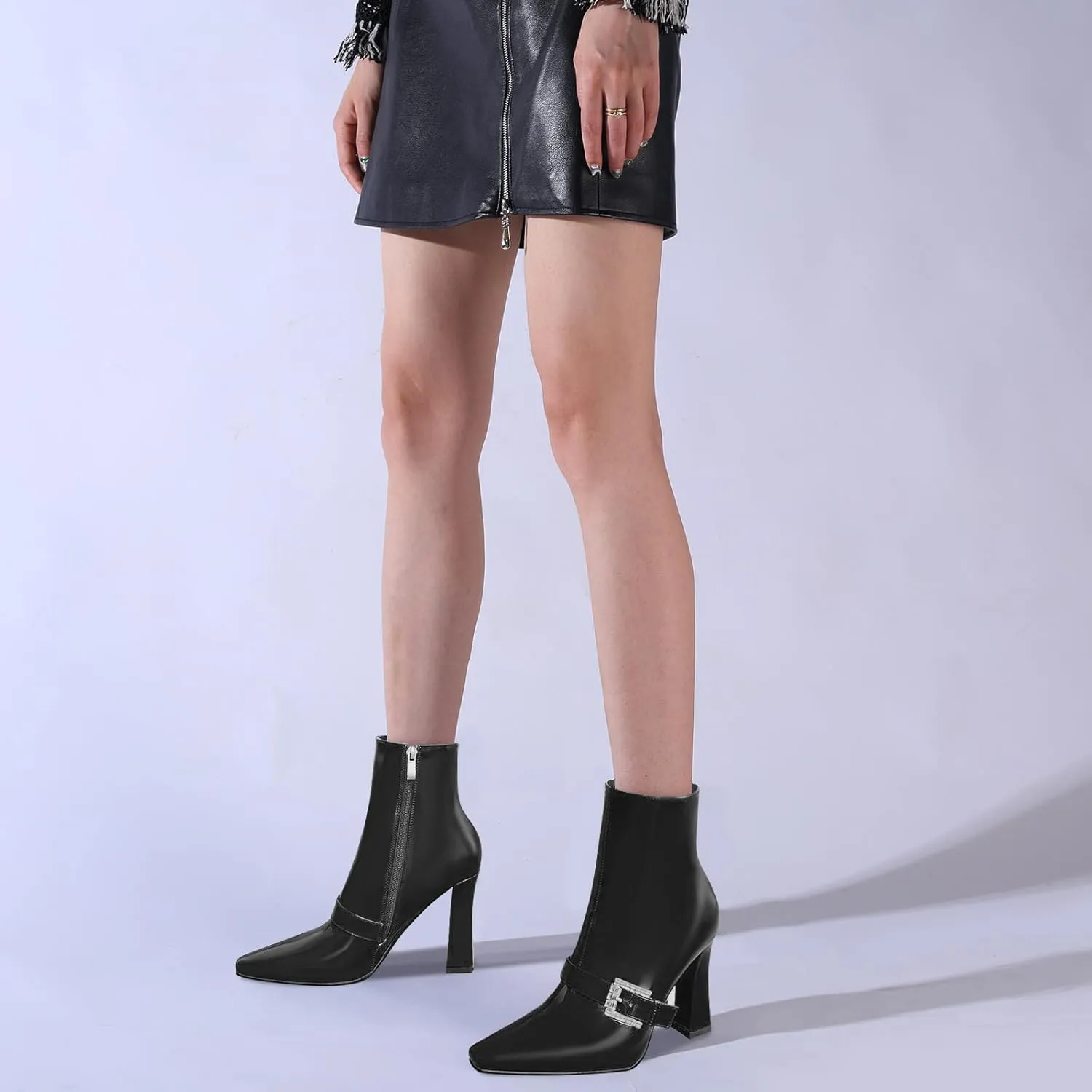 Ankle Boots Chunky High Heel Black Booties Closed Square Toe Short Boot with Side Zipper 4 Inches Heel Crocodile Pattern for Women Ladies Sexy