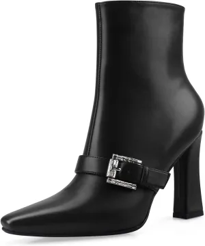 Ankle Boots Chunky High Heel Black Booties Closed Square Toe Short Boot with Side Zipper 4 Inches Heel Crocodile Pattern for Women Ladies Sexy