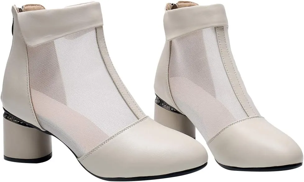 ANUFER Women's Elegant Block Heel Ankle Boots Breathable Mesh Hollowed-out Summer Booties Pumps