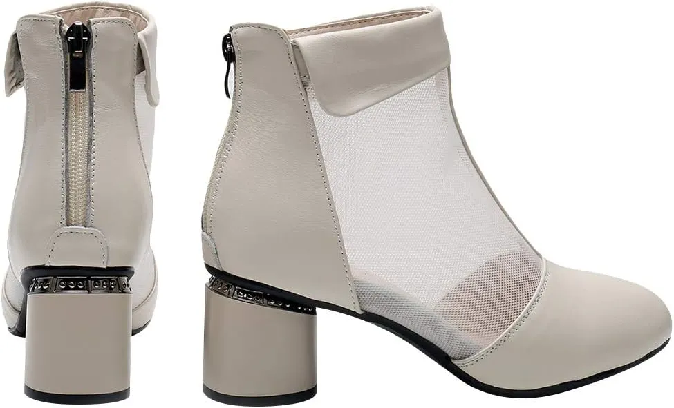 ANUFER Women's Elegant Block Heel Ankle Boots Breathable Mesh Hollowed-out Summer Booties Pumps