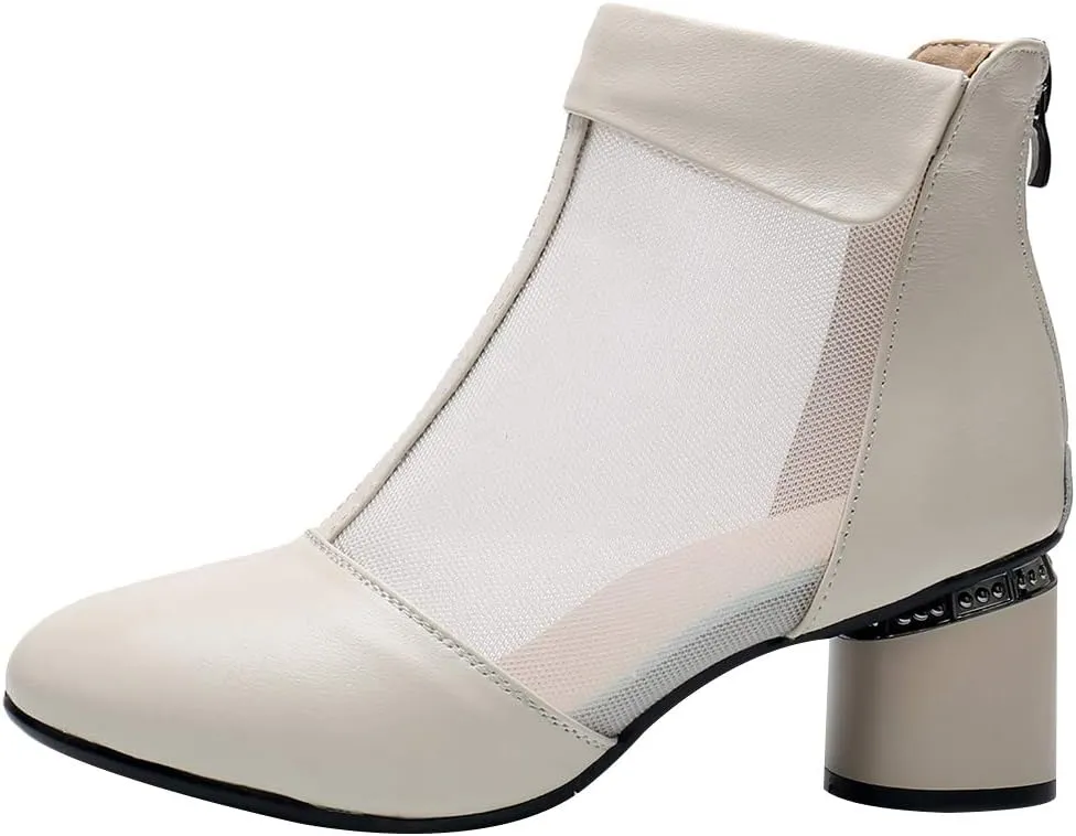 ANUFER Women's Elegant Block Heel Ankle Boots Breathable Mesh Hollowed-out Summer Booties Pumps