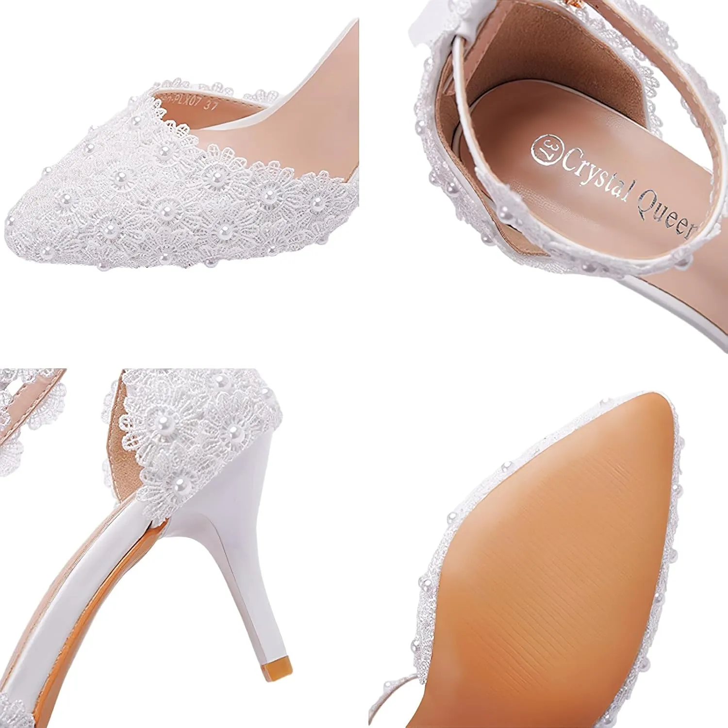 ANUFER Women's Elegant Pointed Toe Stiletto Heel Ankle Strap Pumps Floral Lace Pearls Bridal Shoes