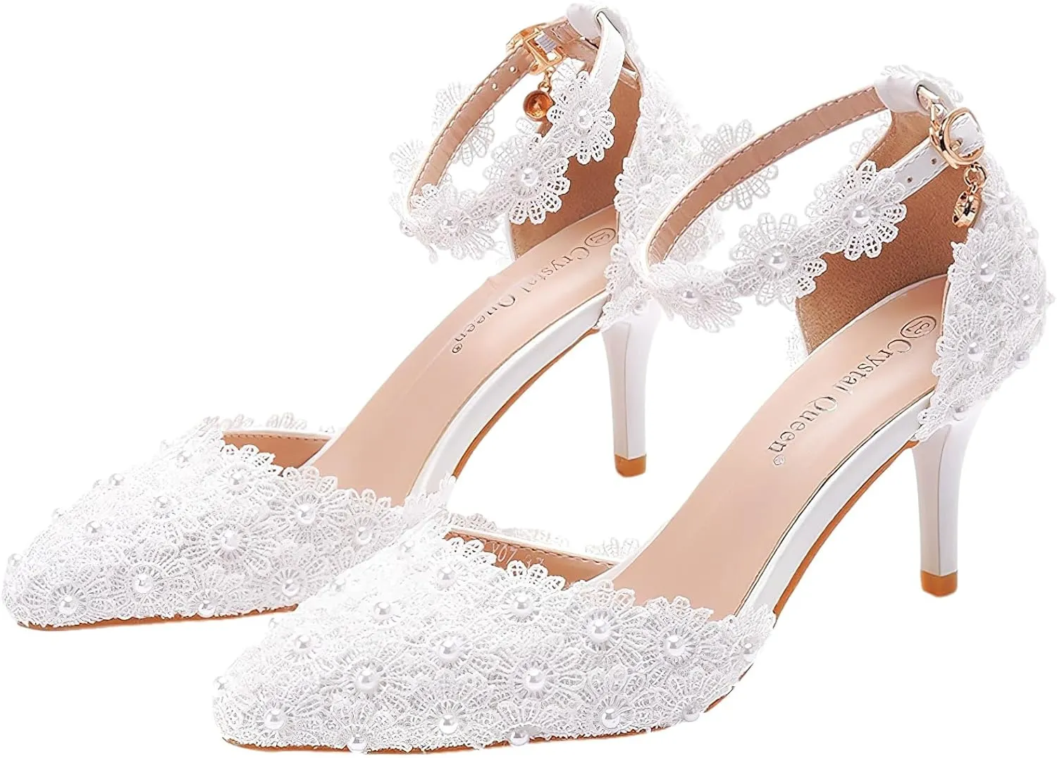 ANUFER Women's Elegant Pointed Toe Stiletto Heel Ankle Strap Pumps Floral Lace Pearls Bridal Shoes