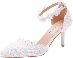 ANUFER Women's Elegant Pointed Toe Stiletto Heel Ankle Strap Pumps Floral Lace Pearls Bridal Shoes