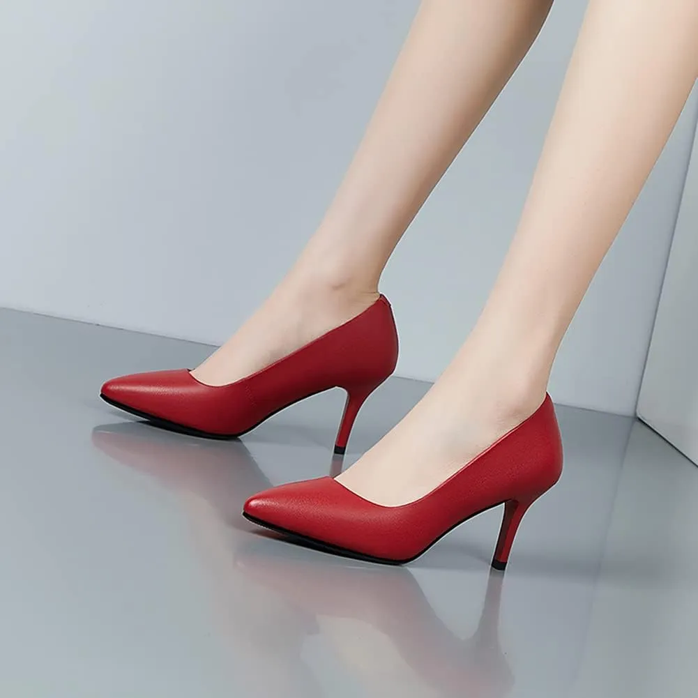 ANUFER Women's Full Genuine Leather 5CM/7CM/9CM High Heels Elegant Pointed Toe Pumps Office Work Shoes