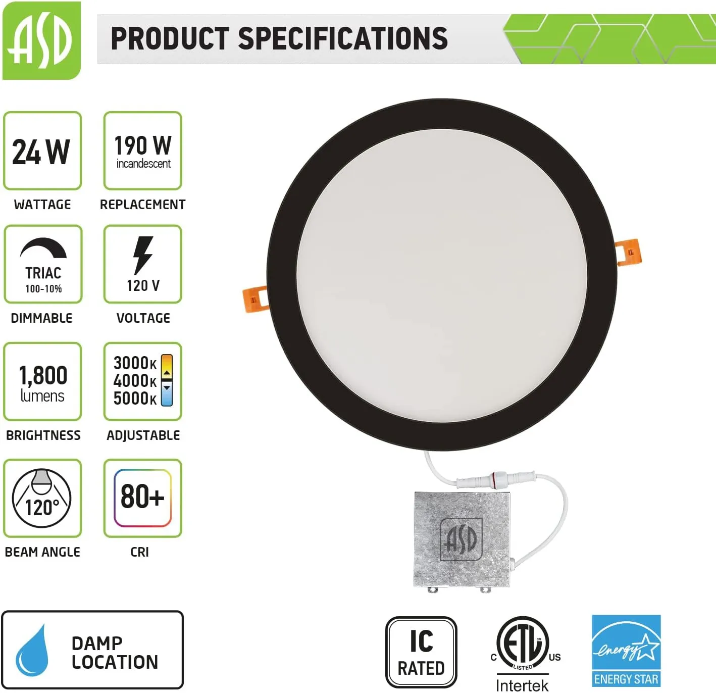 ASD 12 Inch LED Recessed Lighting, 3 CCT 3000K/4000K/5000K Selectable, IC Rated, Ultra Slim Dimmable Ceiling LED Downlight with Junction Box, 24W (190W Eq.) 1800 Lm, Dark Bronze, Energy Star, ETL