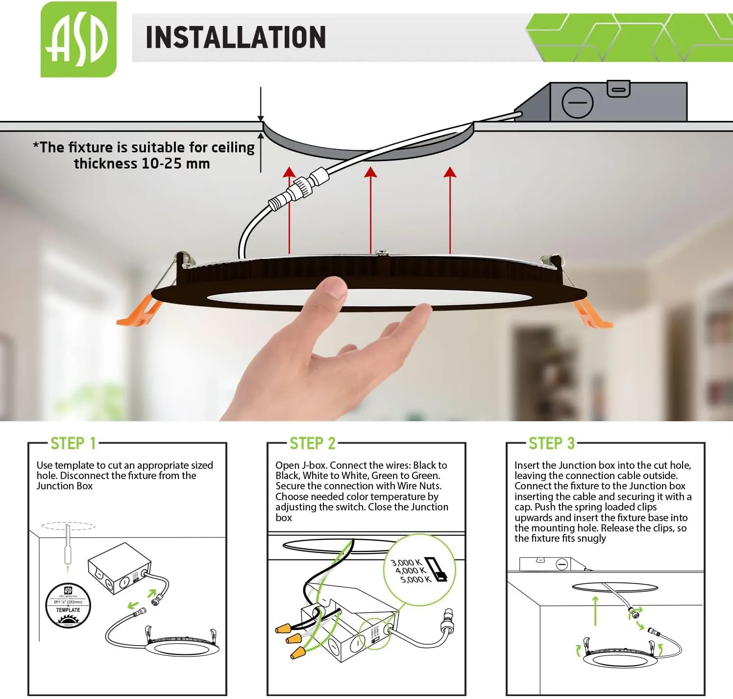 ASD 12 Inch LED Recessed Lighting, 3 CCT 3000K/4000K/5000K Selectable, IC Rated, Ultra Slim Dimmable Ceiling LED Downlight with Junction Box, 24W (190W Eq.) 1800 Lm, Dark Bronze, Energy Star, ETL