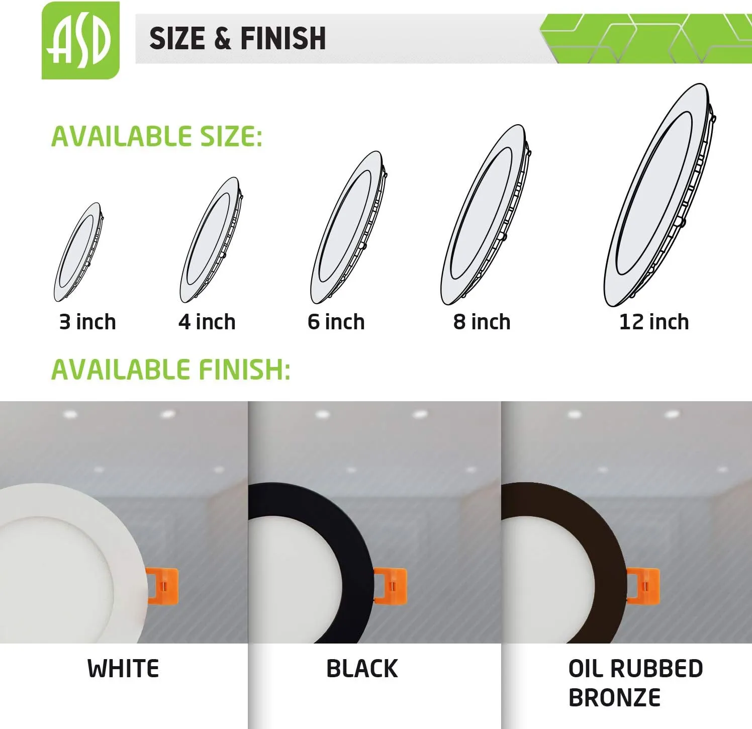 ASD 12 Inch LED Recessed Lighting, 3 CCT 3000K/4000K/5000K Selectable, IC Rated, Ultra Slim Dimmable Ceiling LED Downlight with Junction Box, 24W (190W Eq.) 1800 Lm, Dark Bronze, Energy Star, ETL