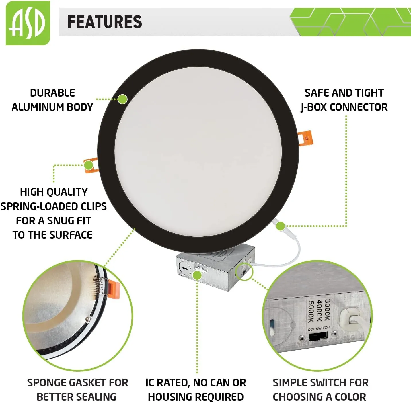 ASD 12 Inch LED Recessed Lighting, 3 CCT 3000K/4000K/5000K Selectable, IC Rated, Ultra Slim Dimmable Ceiling LED Downlight with Junction Box, 24W (190W Eq.) 1800 Lm, Dark Bronze, Energy Star, ETL