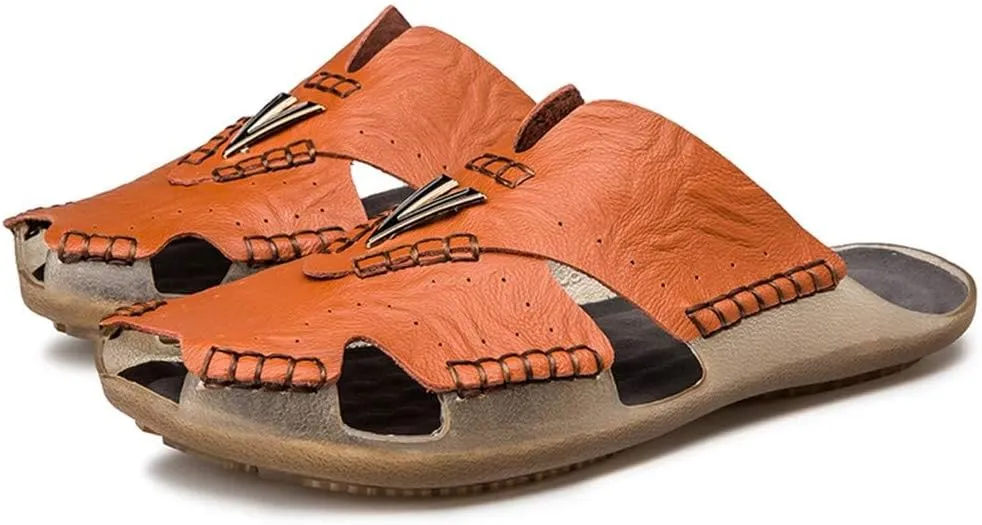Asifn Men's Slides Sandals Summer Outdoor Walking Leather Breathable Flip Flops Beach Soft Open Toe Casual Slipper