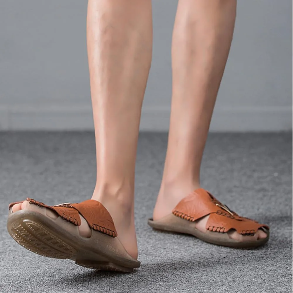 Asifn Men's Slides Sandals Summer Outdoor Walking Leather Breathable Flip Flops Beach Soft Open Toe Casual Slipper