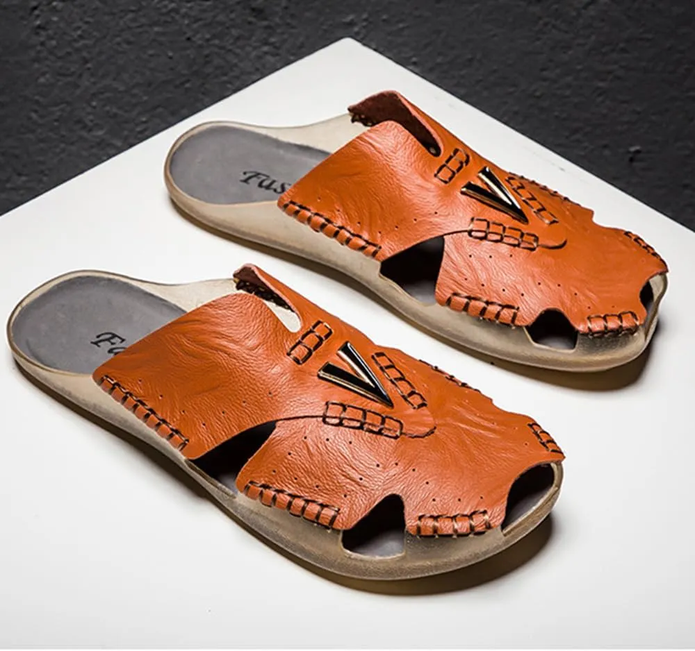 Asifn Men's Slides Sandals Summer Outdoor Walking Leather Breathable Flip Flops Beach Soft Open Toe Casual Slipper