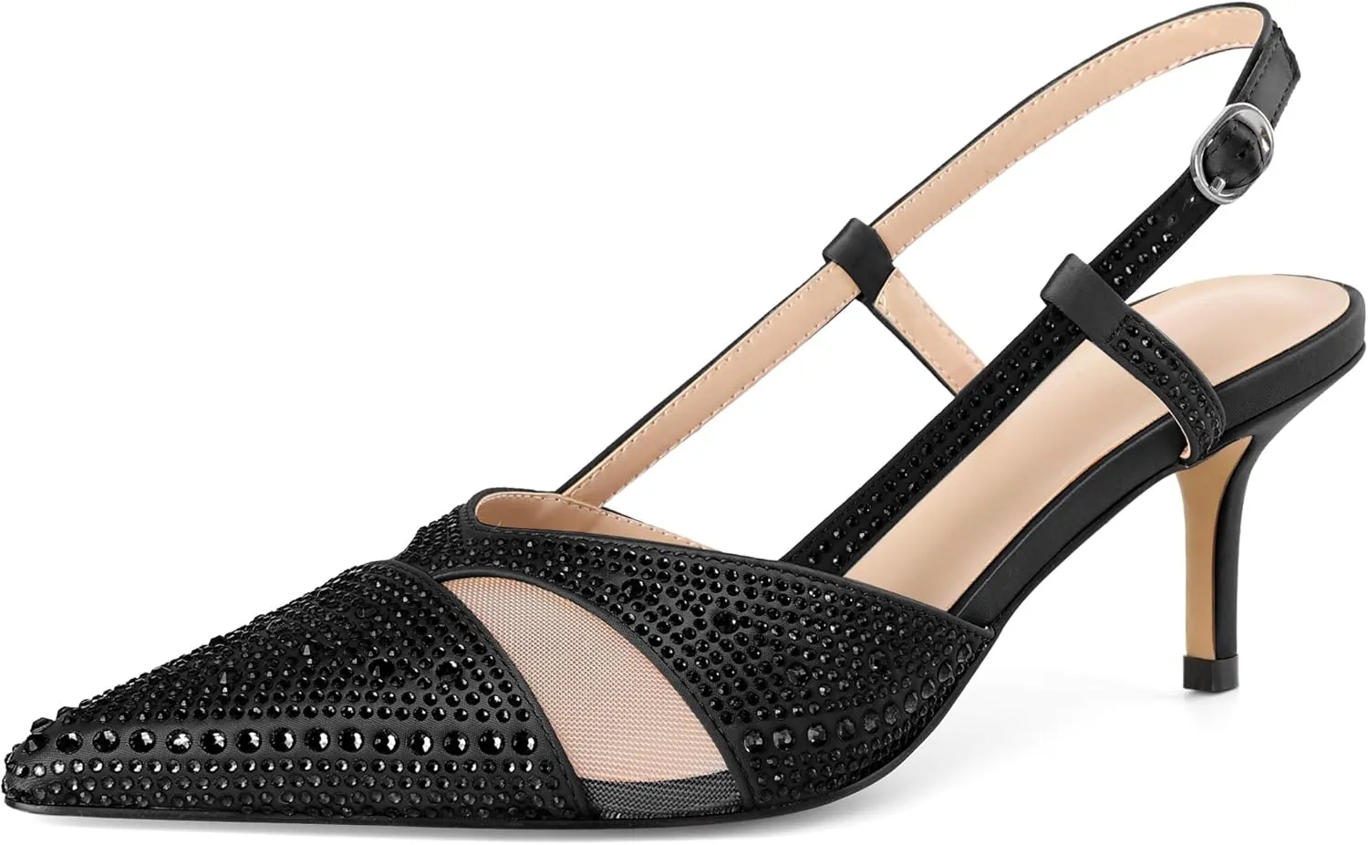 AUMOTED Women Low Heel Pumps Slingback Heels Elegant Pointed Toe 2.5 Inch Heels with Rhinestone Dressy Pumps