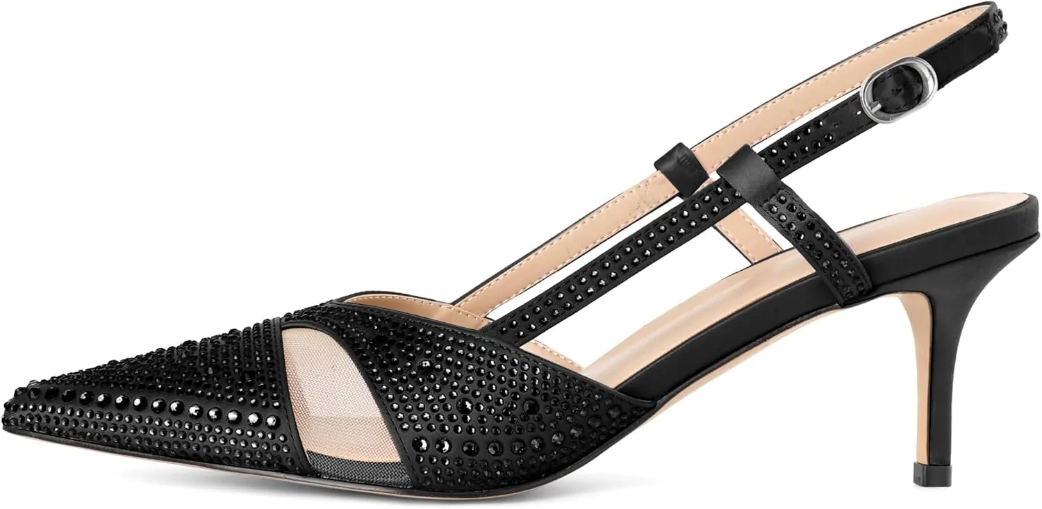 AUMOTED Women Low Heel Pumps Slingback Heels Elegant Pointed Toe 2.5 Inch Heels with Rhinestone Dressy Pumps