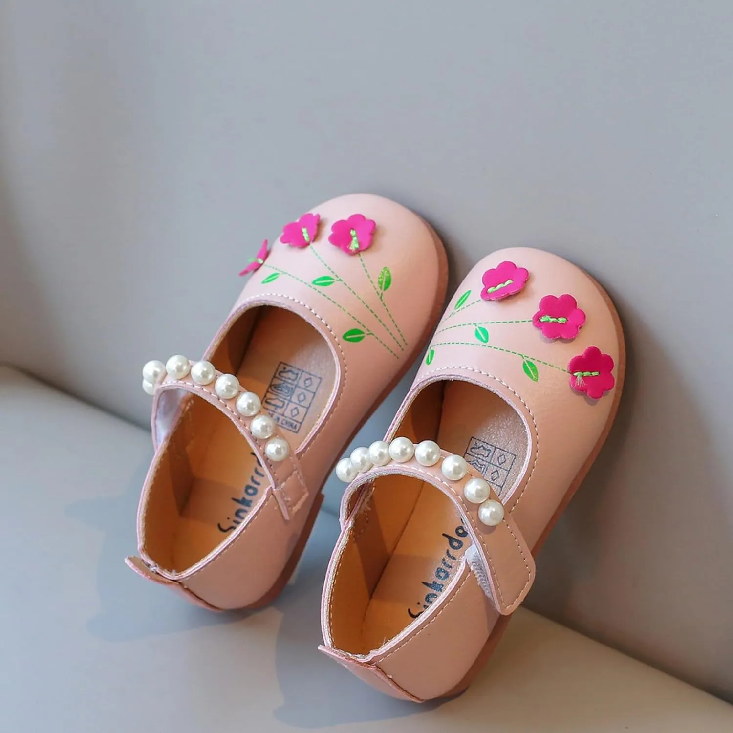 Baby Girls Leather Beaded Strap Sandals Low Heel Closed Toe Ankle Formal Shoes with Flower Toddler Dance Elegant Sandals